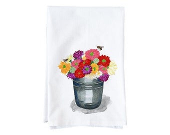 Zinnias In A Bucket | Flour Sack Kitchen Towel | Floral Kitchen | Gifts under 15