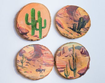 Set of 4 - Desert Cactus Wood Coasters - Rustic Coasters