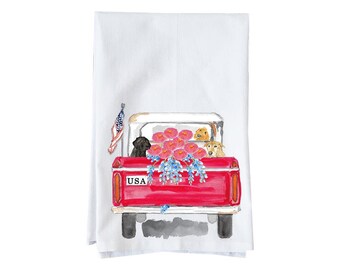 Patriotic Truck With Dogs, Flag and Flowers Kitchen Towel | Flour Sack Towel | Patriotic Towel | Gifts under 15