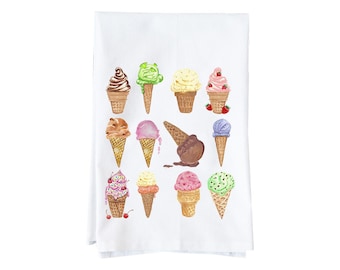 Ice Cream Cones Scoops Summer Kitchen Towel  | Flour Sack Towel | Floral, Spring | Gifts under 15