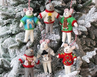 Ugly Sweater Mouse Ornaments | Christmas Mouse | Felted Wool Mouse | Gifts under 20