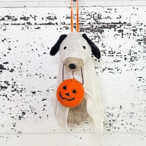 Sheet Faced Dog Halloween Ornament| Halloween Décor | Felted Spooky Dog in Ghost Costume | Gifts under 20