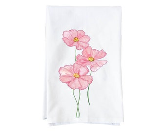 Pink Cosmos Floral Kitchen Towel  | Flour Sack Towel | Floral, Spring | Gifts under 15