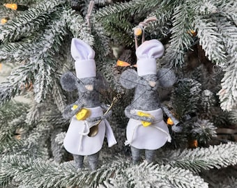 Kitchen Mouse Ornament | Christmas Mouse | Felted Wool Mouse| Kiss The Cook | Gifts under 20
