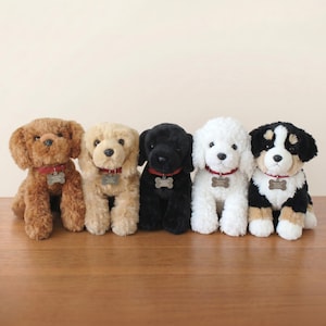 Könnte beinhalten: Fünf Plüschhunde in einer Reihe, die jeweils ein rotes Halsband mit einer knochenförmigen Metallmarke tragen. Die Hunde haben unterschiedliche Fellfarben: Braun, Beige, Schwarz, Weiß und ein dreifarbiges Muster aus Schwarz, Weiß und Beige.