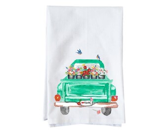 Green Truck With Flowers Kitchen Towel  | Flour Sack Towel | Floral Truck | Gifts under 15