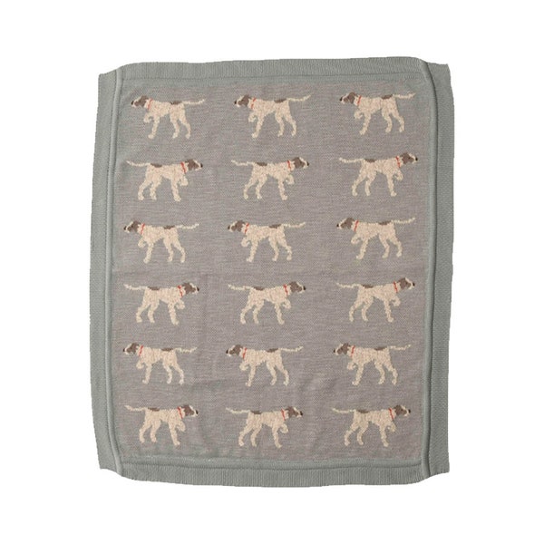 Cotton Knit Blue Grey & White Wooly Hunting Dog Baby Blanket
