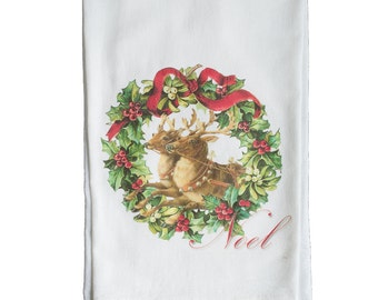 Noel Reindeer Wreath | Decorative Christmas Flour Sack Towels | Gifts under 15