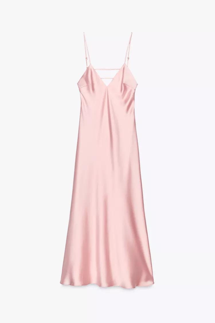 MATISSA pastel pink denim open back midi dress with retro skirt