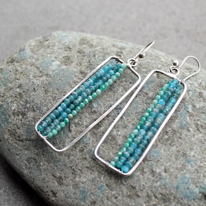 Sterling silver Armenian artisan geometrical rectangular earrings with natural tiny sillimanite and apatite faceted beads, silversmith