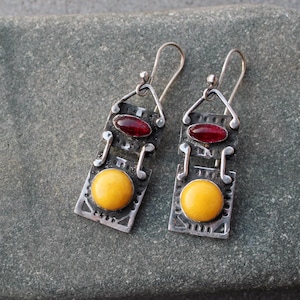 Sterling silver stamped oxidized silversmith unusual Armenian earrings with yellow jade and red corundum gemstones, artisan, gift for her