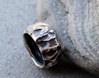 Sterling silver brutalist oxidized wide band Armenian ring, silversmith, harsh architectural band, gift for him, gift for her