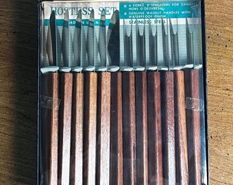 Vintage MCM Walnut Appetizer Spreaders Forks Charcuterie Stainless Steel USA Set of 12