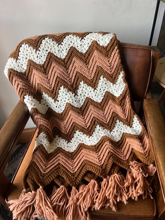 Handmade Crocheted Chevron Afgan Brown Beige Throw Blanket