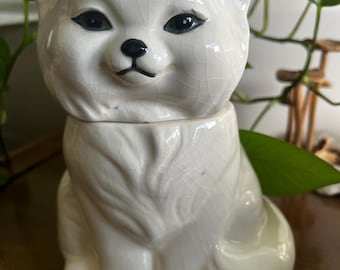 Tarro de galletas de cerámica con forma de gato blanco y esponjoso, decoración vintage para cocina