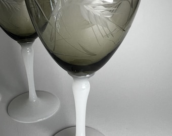 Vintage Etched Smoke Glass Wine Set MCM White Stem Set of 4