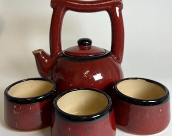 Vintage Pier 1 Shanghai theeservies 4-delig rood aardewerk theepot en kopjes