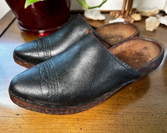 Antiek zwart lederen klomp vintage sabot klompen decor