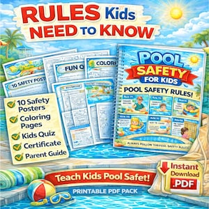 Pool Safety Printable Kit for Kids | Posters, Coloring Pages, Quiz (Digital Download)
