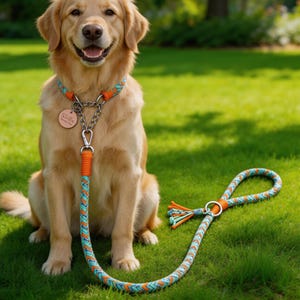 Può includere: Un golden retriever è seduto sull'erba verde, con un set di collare e guinzaglio abbinati. Il collare e il guinzaglio sono in corda intrecciata arancione, turchese e bianca. Un'etichetta di legno con il nome "Stella" pende dal collare.