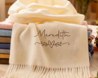 Embroidered Initial Scarf for Women, Personalized Luxury Scarf with Name, Custom Winter Scarf, Wedding, Christmas, Birthday Gift for Her