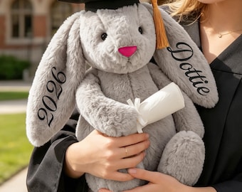 Personalized Graduation Bunny Plush, College Graduation Gift, University Graduation Plush, Cute Bunny with Cap Diploma Keepsake for Her