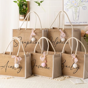 Personalisierte Jute-Einkaufstasche, individuelle Brautjungfer Geschenktasche, Strand-Einkaufstasche, Jute-Strandtasche, Junggesellinnenabschied-Geschenk, Brautjungfer Vorschlag