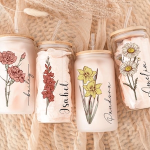 Custom Birth Flower Can Glass with Lid and Straw,Personalized Iced Coffee Cup,Bachelorette Glass Tumbler,Bridesmaid Gift,Bridesmaid Proposal
