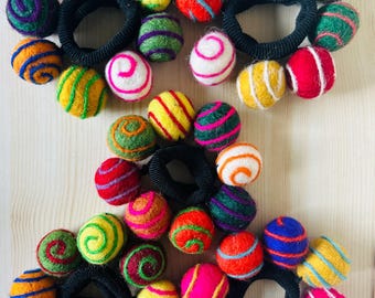 Handmade Felt Wool Hair Tie – Colorful Swirl Design – Elastic Ponytail Holder from Nepal