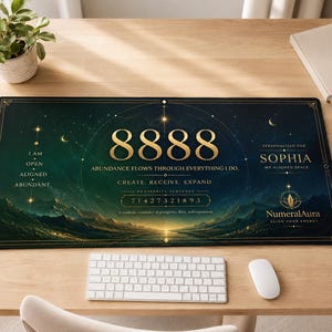 May include: A rectangular desk mat featuring a dark green and blue gradient background with a mountain landscape. The design includes the gold text 8888, the phrase ABUNDANCE FLOWS THROUGH EVERYTHING I DO, CREATE, RECEIVE, EXPAND, and personalized text SOPHIA.