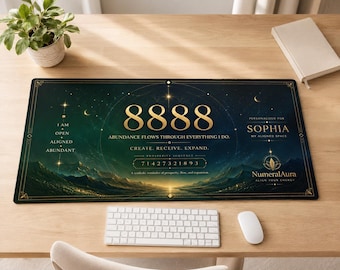 Personalized 8888 Angel Number Desk Mat, Emerald Gold Custom Name Mouse Pad, 16x32