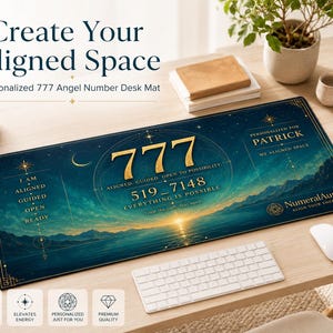 May include: A rectangular desk mat featuring a dark blue and gold celestial landscape with the number 777, the text 519_7148, "I AM ALIGNED GUIDED OPEN READY", "PERSONALIZED FOR PATRICK", "MY ALIGNED SPACE", and "NumeralAura ALIGN YOUR ENERGY".