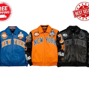 May include: Three leather varsity jackets in blue, orange, and black. Each jacket features a collar, front zipper, and the text NEW YORK across the chest. The sleeves and chest are decorated with various embroidered patches, including basketball logos.
