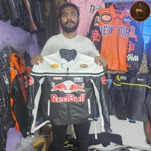 Custom Red Bull Racing Leather Jacket | MotoGP Biker Bomber, Motul Devil Embroidery