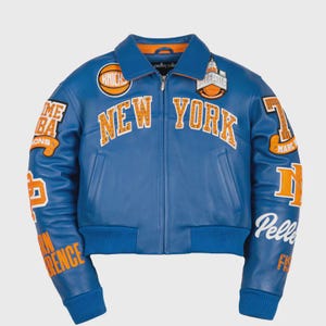 Custom New York Knicks Cropped Jacket | Embroidered Biker Bomber Womens Leather Coat