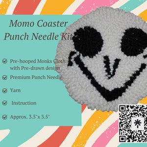 May include: A white and black punch needle kit for a coaster. The coaster has a smiling face design. The kit includes pre-hooped monks cloth, premium punch needle, yarn, and instructions. The coaster is approximately 3.5" x 3.5".
