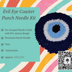 May include: A navy blue Evil Eye Coaster Punch Needle Kit. The kit includes pre-hooped Monks Cloth with a pre-drawn design, premium punch needle, yarn, and instructions. The finished coaster is approximately 3.5 x 3.5 inches.
