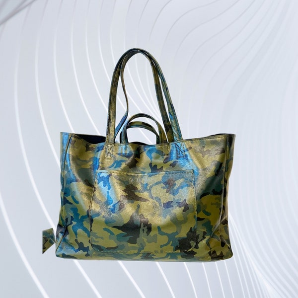 Extra large camo leather tote bag 19”x 15”x 5” with cotton lining/Work and travel computer bag/Large shopping bag with zipper option/