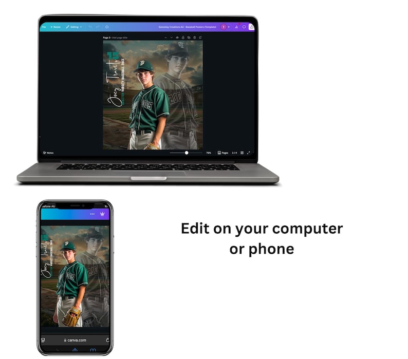 Puede incluir: Una maqueta digital de un jugador de b&eacute;isbol con un uniforme verde y blanco con el texto "Joey Travis" y "Varsity Baseball" en el dise&ntilde;o. La imagen se muestra en la pantalla de una computadora port&aacute;til y en la pantalla de un tel&eacute;fono inteligente.