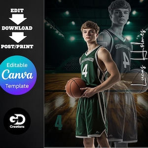 Cartaz esportivo digital de basquete - Modelo personalizável do Canva - TRÊS TAMANHOS (8,5 x 11 pol, 16 x 20 pol, 24 x 36 pol)