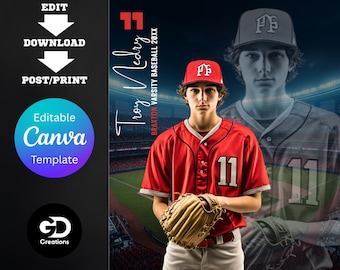 Plantilla de póster de béisbol personalizable – Diseño Canva (Descarga digital)