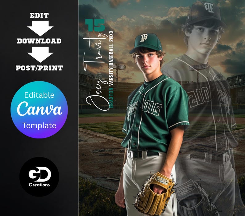 Puede incluir: Uniforme de b&eacute;isbol verde y blanco con el n&uacute;mero 015 en la parte delantera. El jugador sostiene un guante de b&eacute;isbol y est&aacute; de pie en un campo de b&eacute;isbol. El texto "Joey Travity" y "BRAXTON VARSITY BASEBALL 20XX" es visible en el fondo.