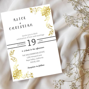 Golden Flowers Wedding Invite, Floral Bundle, Printable Wedding Invitation Suite Template, Personalize and Edit, Vintage Invitation Template