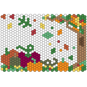 May include: A rectangular grid pattern composed of small hexagons featuring an autumn scene. A brown tree trunk stands on the right with orange and green foliage. The ground displays orange pumpkins, dark red grapes, and green vines.
