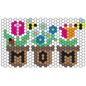 May include: A pixelated image of three flower pots, each with a different arrangement of flowers and insects. The flowers are pink, blue, and orange, with green leaves and brown pots. Bees and ladybugs are also present.