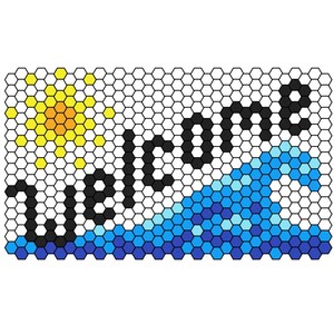 May include: A rectangular mat featuring a pixelated design of a yellow sun, a blue ocean wave, and the word Welcome in black text. The entire image is composed of a white hexagonal grid pattern, creating a mosaic effect across the surface.