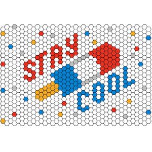 May include: A graphic design featuring the words "Stay Cool" in a pixelated style. The text is composed of red and blue pixels, with yellow and gray accents, set against a black honeycomb background.
