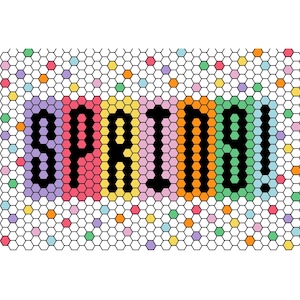 May include: A colorful graphic with the word "SPRING!" in black block letters. The letters are set against a background of a honeycomb pattern with various pastel-colored dots. The word "SPRING!" is filled with a gradient of colors.