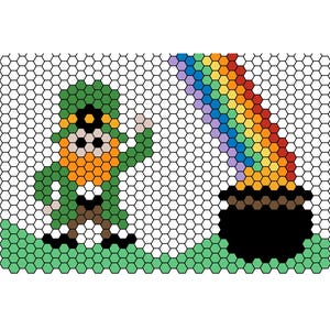May include: A pixelated image of a leprechaun in a green outfit with an orange vest, black shoes, and a black hat. A rainbow arches over a black pot of gold. The leprechaun is standing on green grass.