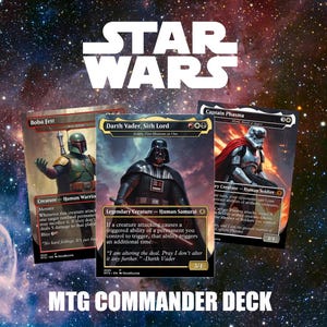 May include: Three Star Wars themed trading cards featuring Boba Fett, Darth Vader, and Captain Phasma displayed against a starry space background. The cards include text such as Darth Vader, Sith Lord, Legendary Creature, and MTG Commander Deck.